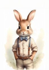 Obraz premium Ein stilvoller Osterhase trägt Hosenträger, Hemd und eine Fliege. Ein charmantes und elegantes Ostermotiv mit Vintage-Flair. Generative KI.
