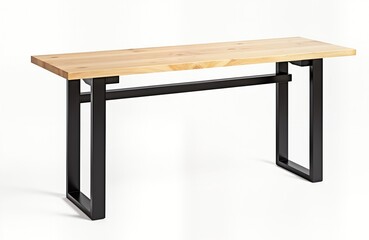 Stylish wooden table with tall metal legs. Modern design piece. Simple and elegant furniture for modern home decor. Furniture item with polished surface. Functional and visually appealing.