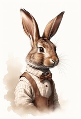 Obraz premium Ein eleganter Hase in Weste und Hemd mit Fliege posiert in einem klassischen Stil. Ein zeitloses und stilvolles Motiv. Generative KI.