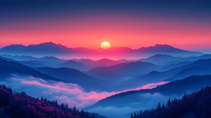 Obraz premium Majestic sunrise over misty mountain range; idyllic landscape; serene nature scene; perfect for travel/nature publications
