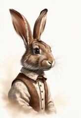 Obraz premium Ein eleganter Hase in Weste und Hemd mit Fliege posiert in einem klassischen Stil. Ein zeitloses und stilvolles Motiv. Generative KI.