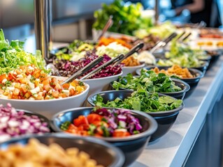 A vibrant low-carb salad bar, in a contemporary kitchen, showcasing a variety of fresh