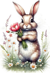Fototapeta premium Ein bezaubernder Hase hält Tulpen, umgeben von Blumen und Schmetterlingen in einer Frühlingswiese. Sanftes Naturmotiv. Generative KI.