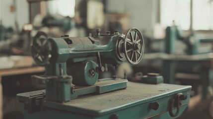 Fototapeta premium Dusty vintage industrial sewing machine in workshop.