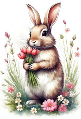 Fototapeta premium Ein bezaubernder Hase hält Tulpen, umgeben von Blumen und Schmetterlingen in einer Frühlingswiese. Sanftes Naturmotiv. Generative KI.