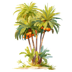 Pandanus Tree with Fruit – Unique Watercolor Illustration, Tropical Coastal Tree, Vivid Botanical Artwork, Exotic Nature-inspired Painting  
