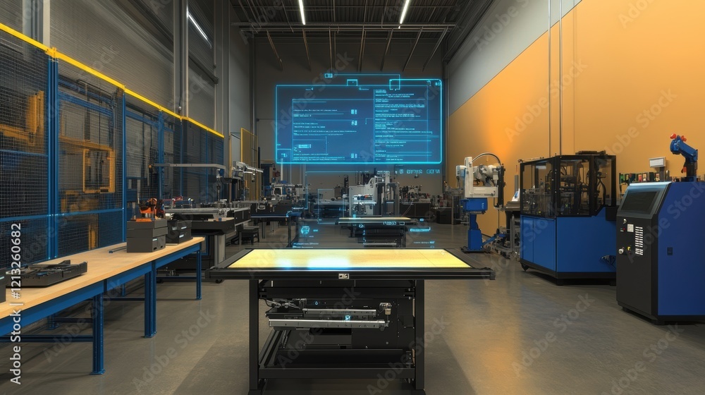 Poster futuristic holographic screen displaying data and statistics in a smart factory, with industrial mac
