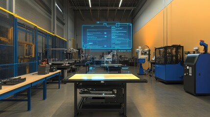 Futuristic holographic screen displaying data and statistics in a smart factory, with industrial machinery and robots operating, highlighting technology and automation in manufacturing