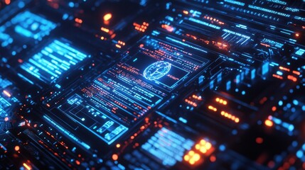 Fototapeta premium Futuristic glowing digital interface showcasing complex data analysis and global connectivity through intricate lines, numbers, and a holographic globe