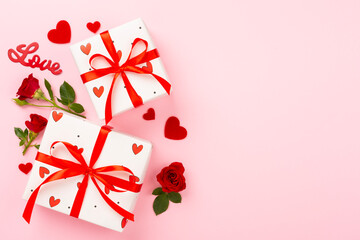 Valentine's Day composition with gifts and red roses on color background, top view