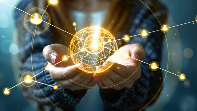 A businesswoman holding the conceptual innovation network in her hands, Ai Generated