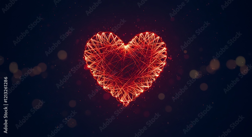 Poster glowing red heart design. dark background with light bokeh sparkles.
