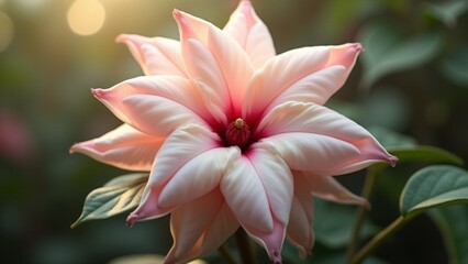 Fototapeta premium A Hoya carnosa flower with waxy, star-shaped petals in pink or white, featuring a darker center. Its glossy surface glows in soft light, creating an elegant and ethereal atmosphere in the garden.