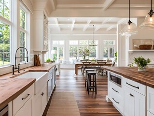 Fototapeta premium Bright Farmhouse Kitchen with Warm Wood Accents and Sunlit Views