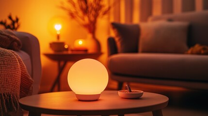 Obraz premium Warm-light sphere lamp illuminates cozy living room at night