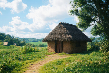 Obraz premium Scenic view of a traditional thatched-roof hut in a lush countryside landscape