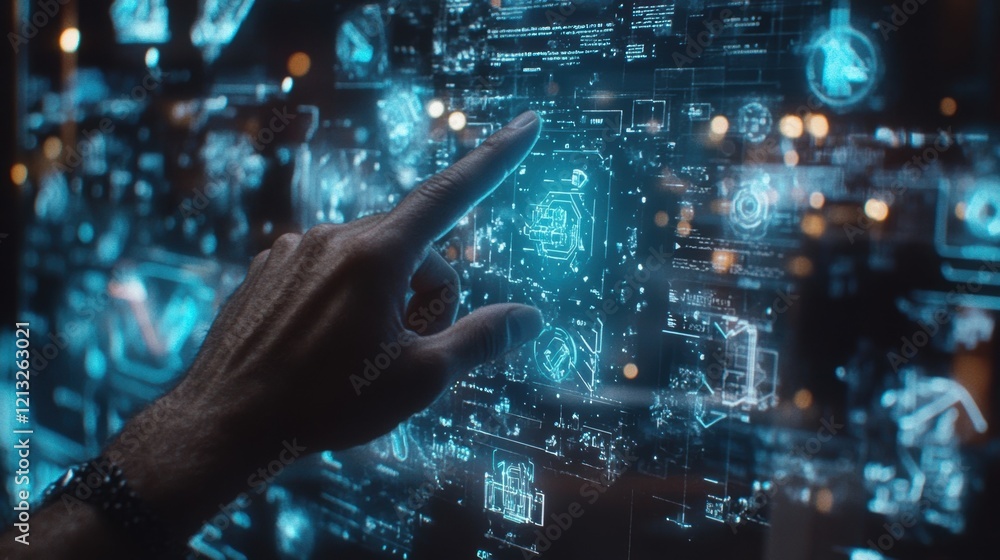 Poster hand interacting with a holographic control panel with futuristic interface analyzing data and stati