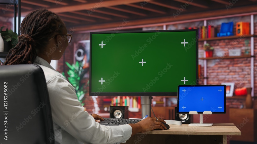Aufkleber woman browsing social media at home using isolated screen computer display and tablet. person talkin