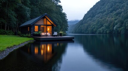 Fototapeta premium Lakeside cabin at dusk, nestled in forest, calm water reflects lights. Ideal for travel brochures