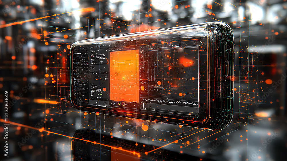 Poster stunning futuristic smartphone displaying data streams and code. perfect for tech, innovation, ai, a