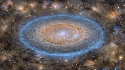 A vast celestial disk, icy blues and soft pinks glowing faintly amidst the endless void of space. Distant constellations twinkle faintly in the backdrop, while a shimmering aurora-like effect gently f