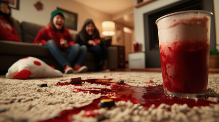 A spilled drink with a red liquid creates a messy scene on a carpet, while people in red attire enjoy themselves in a cozy living room.