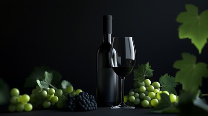 Fototapeta premium Elegant setup of wine bottles and glasses accompanied by fresh grapes in a dark environment