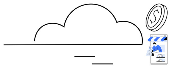 Cloud outline, dollar coin, person with laptop in storefront scene. Ideal for cloud computing, e-commerce, online transactions, digital business, financial technology, remote work modern commerce