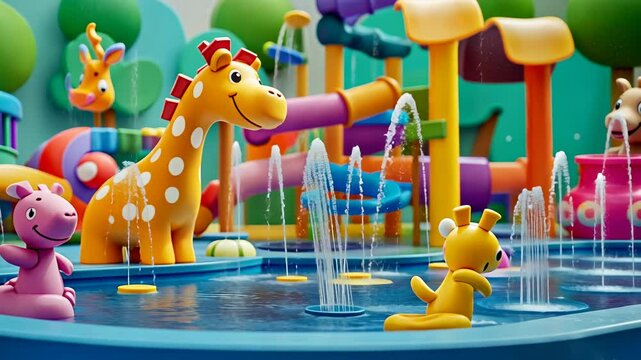Whimsical Waterpark Adventure: A Colorful 3D Render of a Joyful Children's Playground