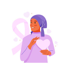 Vector of woman hold heart shape on her chest with breast cancer and pink ribbon on the background