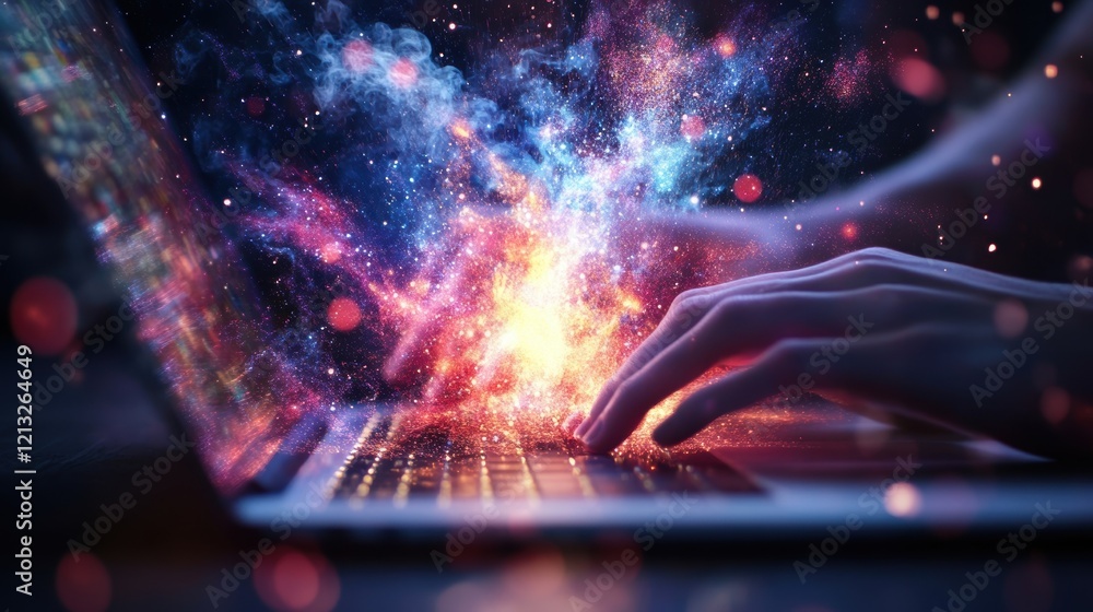 Poster software developer's hands typing code on a laptop keyboard, generating a colorful universe of stard
