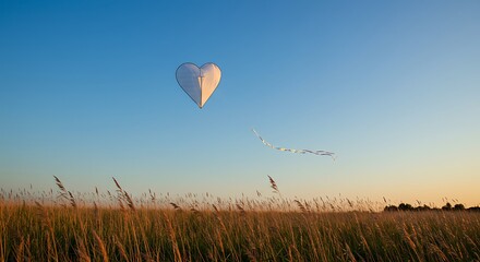 Heart-shaped kite flies high in a beautiful blue sky at golden hour. Summer wind over a grassy field.