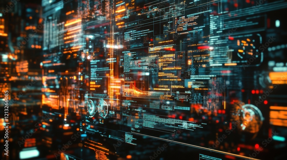 Aufkleber futuristic technological interface featuring complex data analysis and glowing lines of code, illust