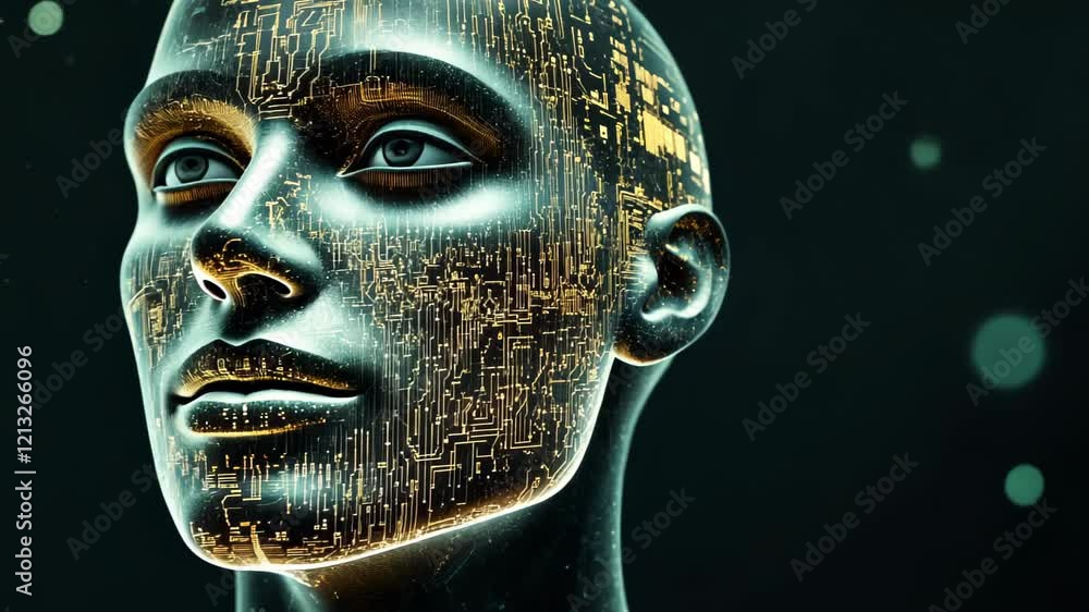 Poster futuristic robot head showcasing advanced technology in a dark, illuminated environment. generative 