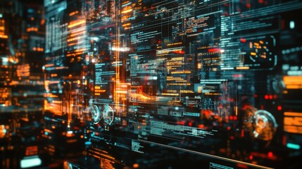 Futuristic technological interface featuring complex data analysis and glowing lines of code, illustrating advanced computing and information processing