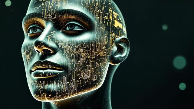 Futuristic robot head showcasing advanced technology in a dark, illuminated environment. Generative AI