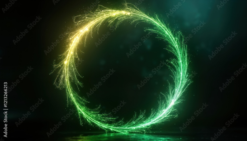 Leinwandbilder abstract circular frame design with dynamic green, yellow glowing particles. swirling motion effect 