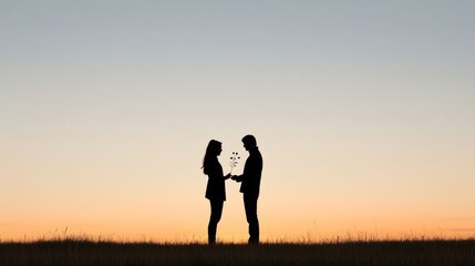 Silhouette of a couple exchanging flowers at sunset.