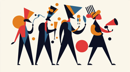 A vibrant illustration of four figures celebrating with party hats, confetti, and instruments, conveying a festive atmosphere.