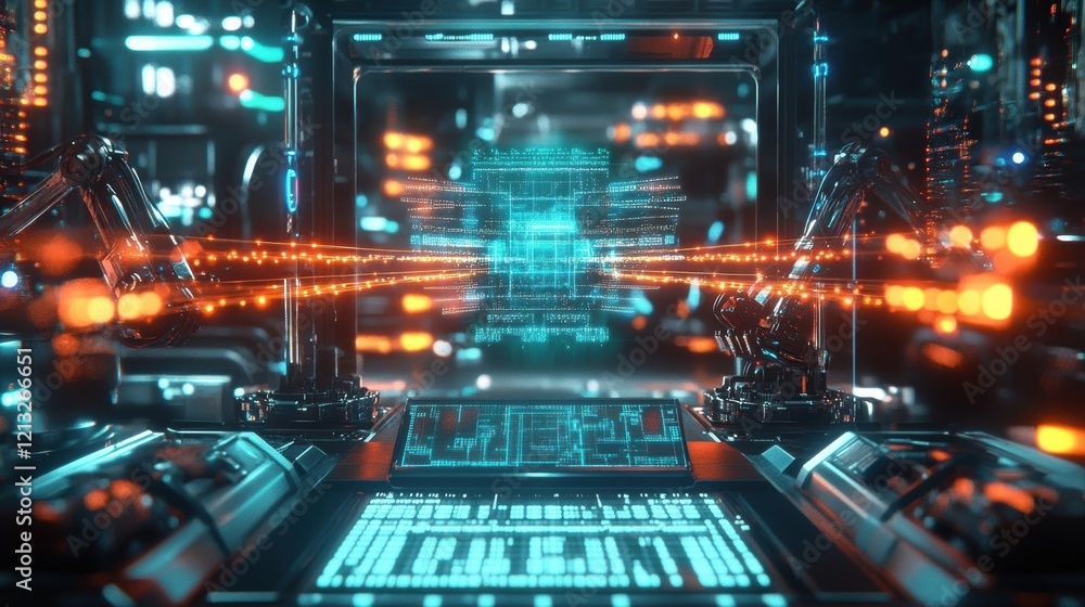 Poster two robotic arms transferring data wirelessly to a holographic display in a futuristic server room, 
