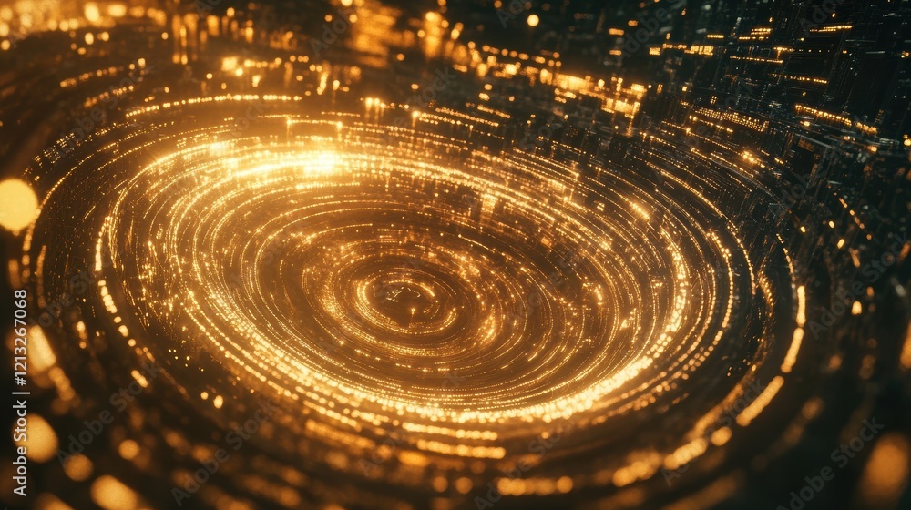 Poster golden concentric circles spinning and swirling, creating a mesmerizing vortex of light, perfect for