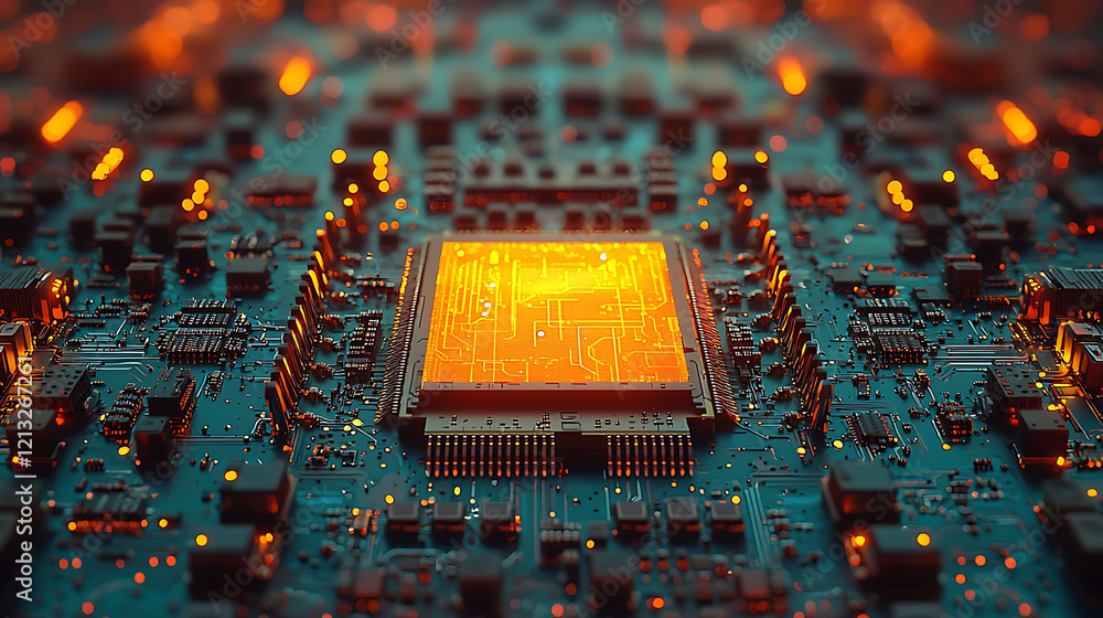 Poster closeup of a glowing circuit board with a central processor. hightech, futuristic design with vibran