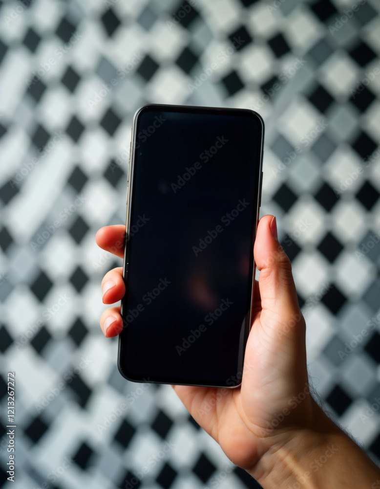 Fototapete person holds smartphone with empty screen. hand holds device against geometric pattern background. d