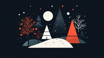 Snowy winter forest scene, minimalist Christmas card design
