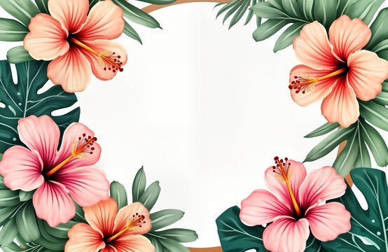 Floral round shape design with colorful flowers, rich green tropical leaves. Tropical flower pattern creates frame. Suitable for sale banners flyers templates. Spring summer theme. Perfect for - Powered by Adobe