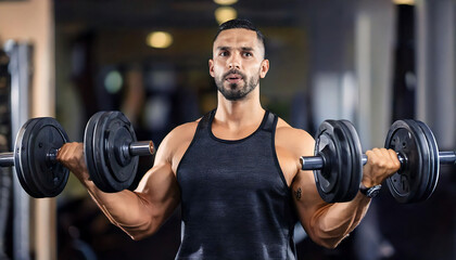 Powerful image of a muscular man performing bicep curls with dumbbells in a gym.  Perfect for fitness, health, strength, and workout themes.