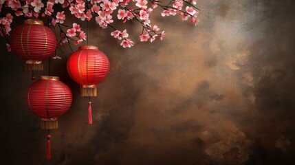 Fototapeta premium Three traditional red Chinese lanterns hang alongside pink cherry blossoms, set against a rustic brown textured background. Custom Chinese New Year concept. 