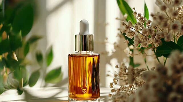 Captivating golden elixir sits gracefully among delicate blooms in a sunlit room. Generative AI