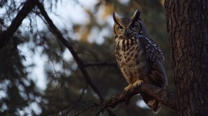 Fototapeta premium Majestic Great Horned Owl Perched on a Branch