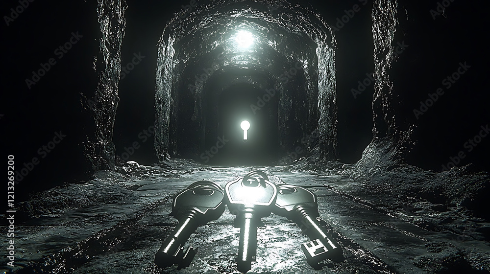 Poster three keys lie on a dark, cavernous path leading to a bright keyhole at the end of a tunnel. a power